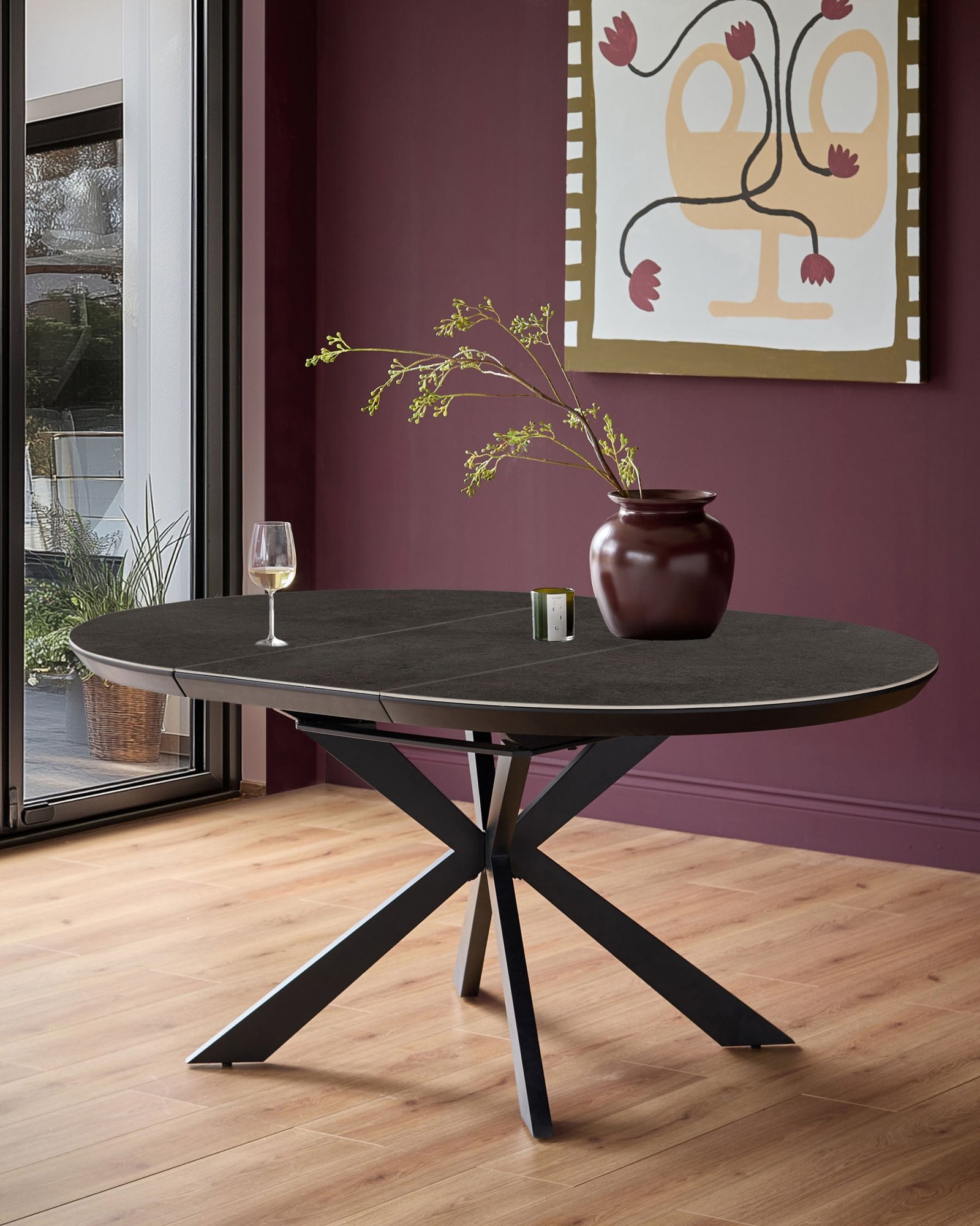 Hayden dark grey ceramic 4-6 extending round dining table – Dusk Front