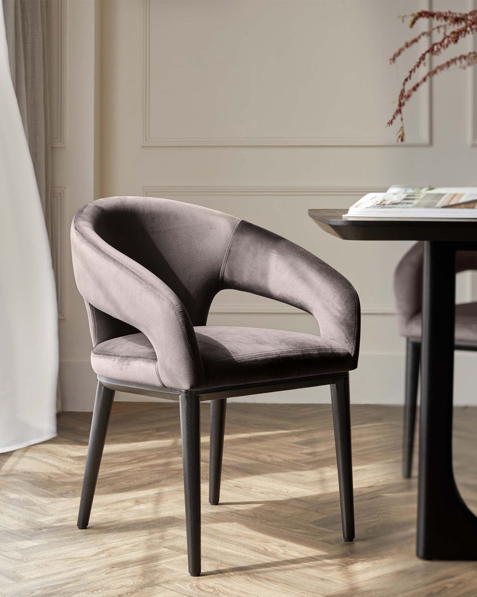 Heath Mocha Plush Velvet Dusk and Black Wood Dining Chair Front