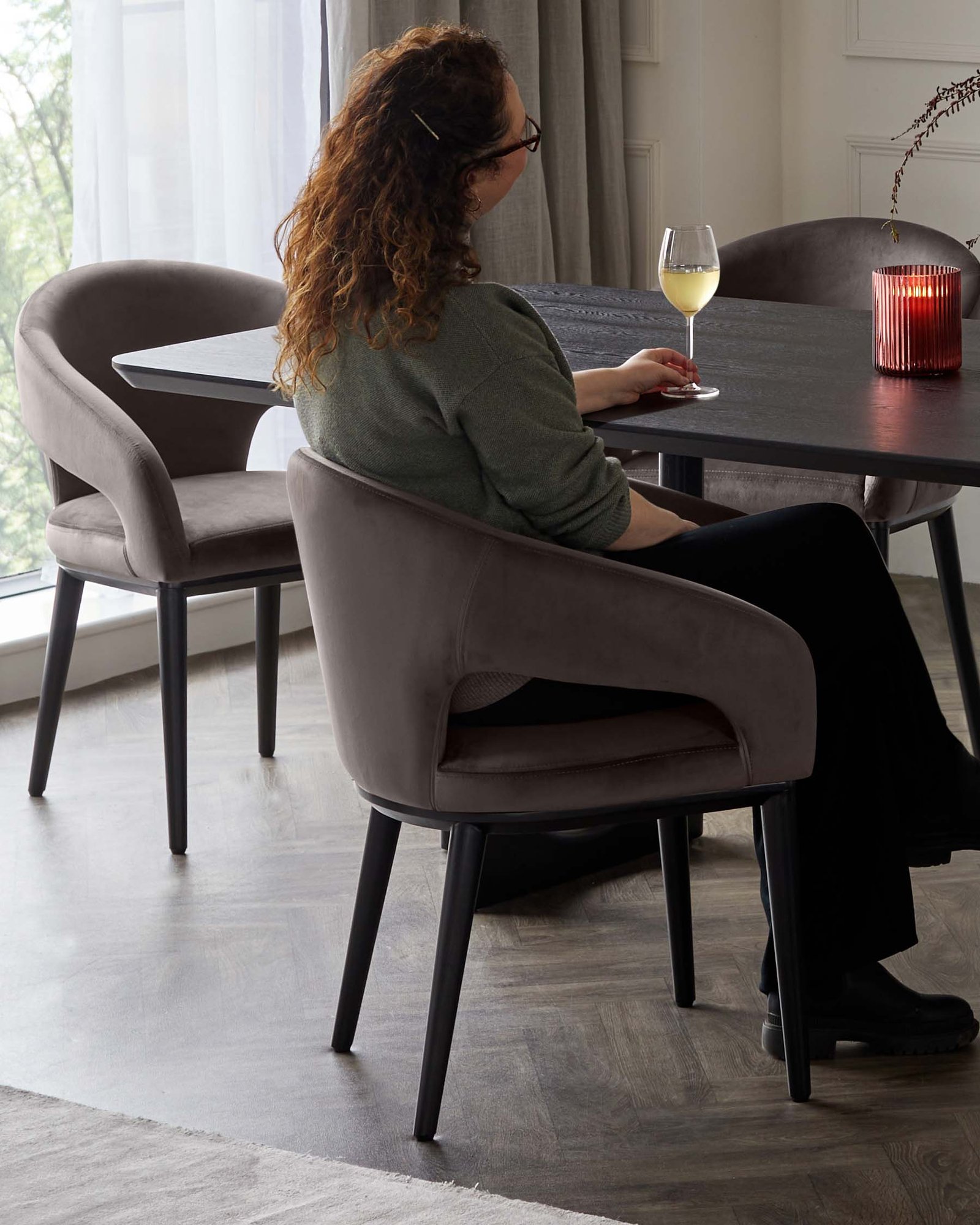 Heath Mocha Plush Velvet Dusk and Black Wood Dining Chair Side