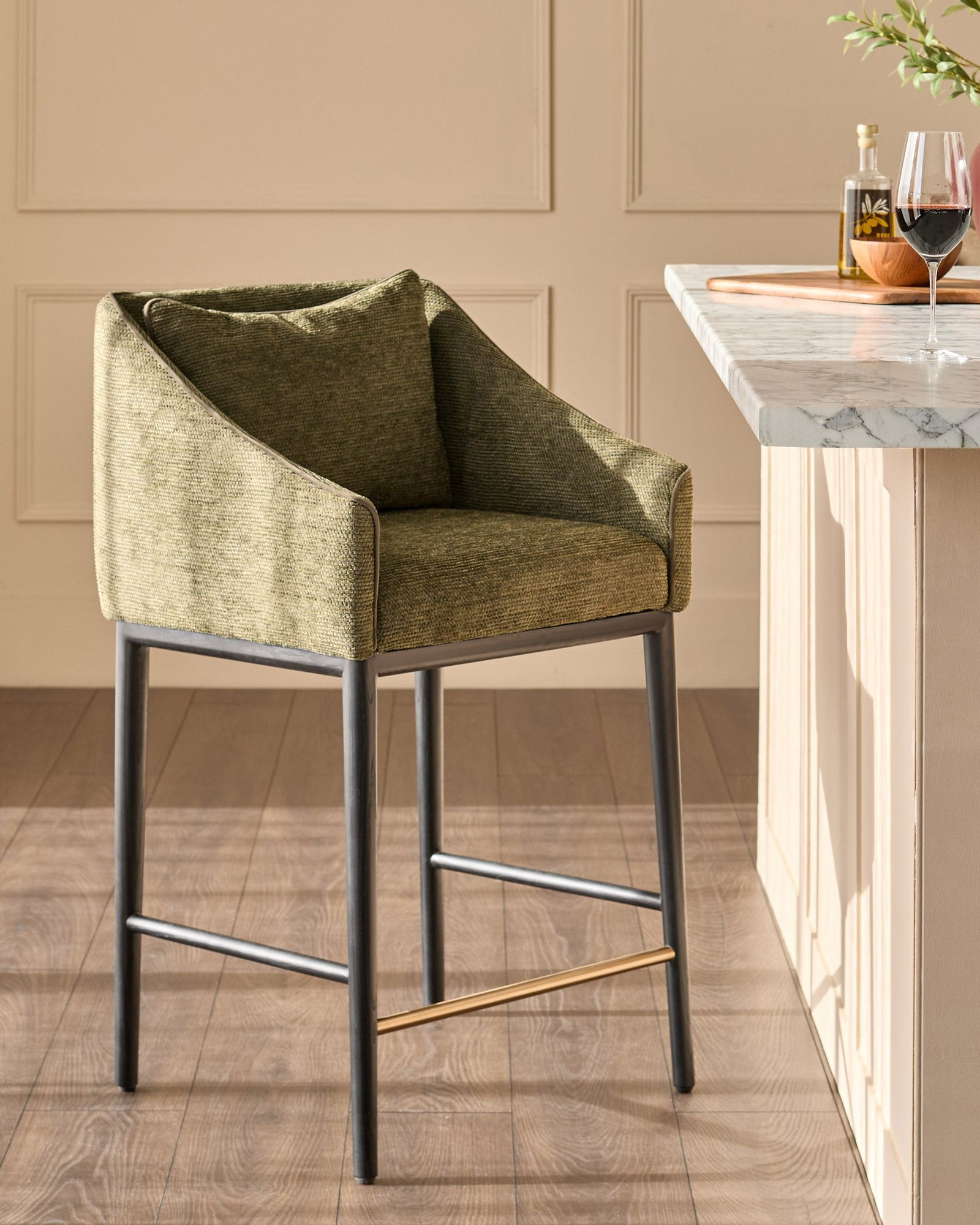 Julep olive green chenille bar stool – Dusk Front