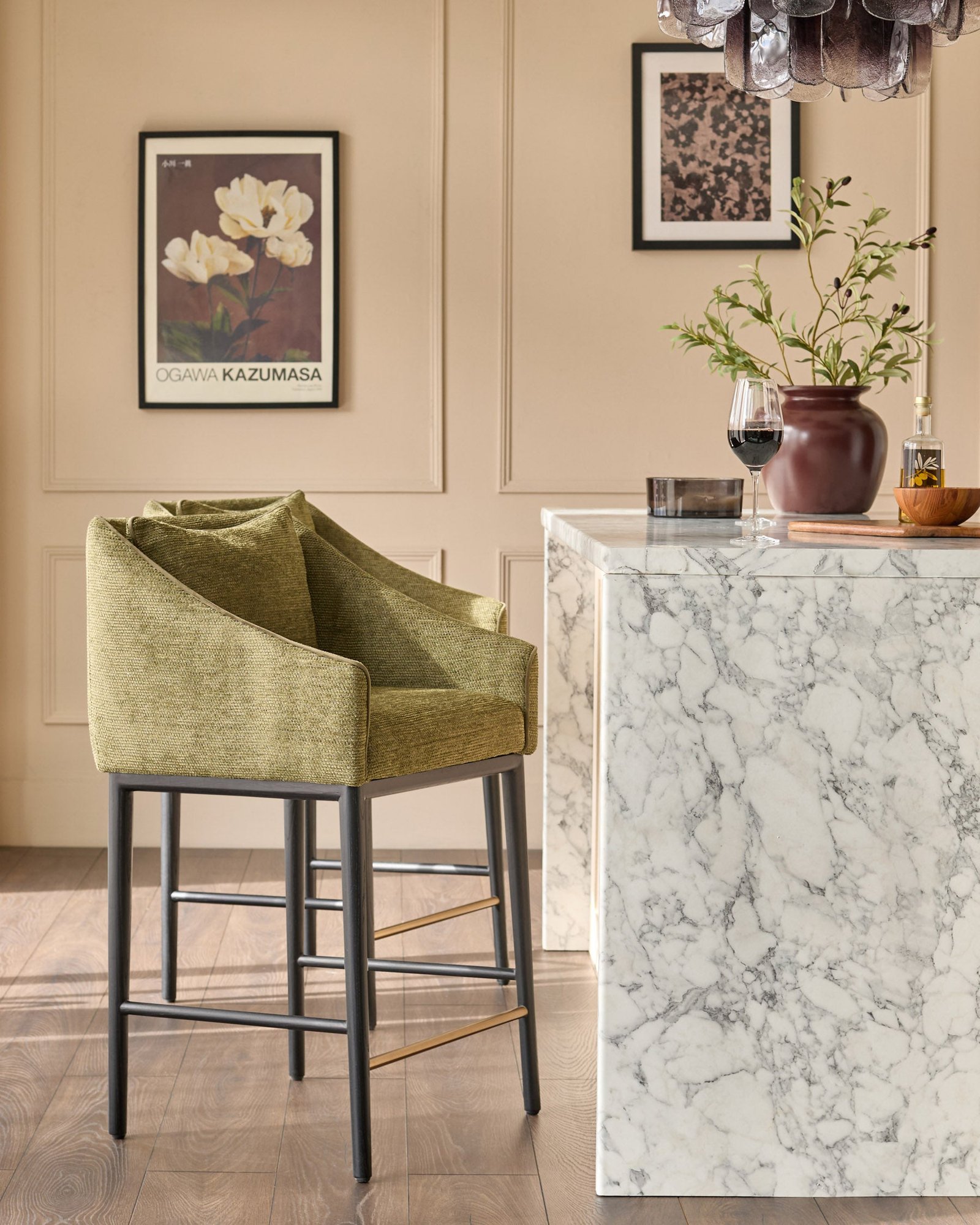 Julep olive green chenille bar stool – Dusk Side