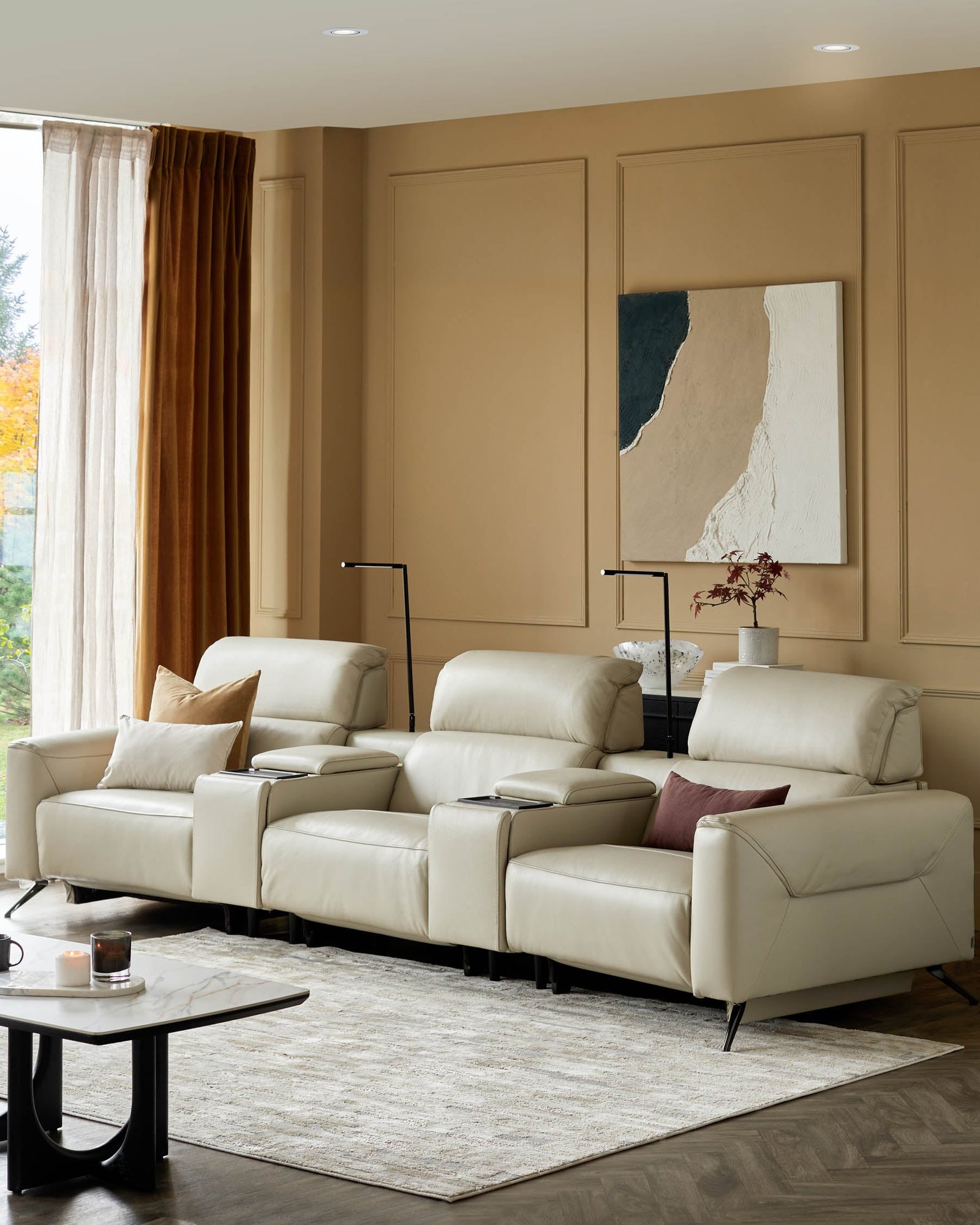 Kenzie Natural Grey Leather Recliner Dusk England 3 Seater Sofa with Console table Side
