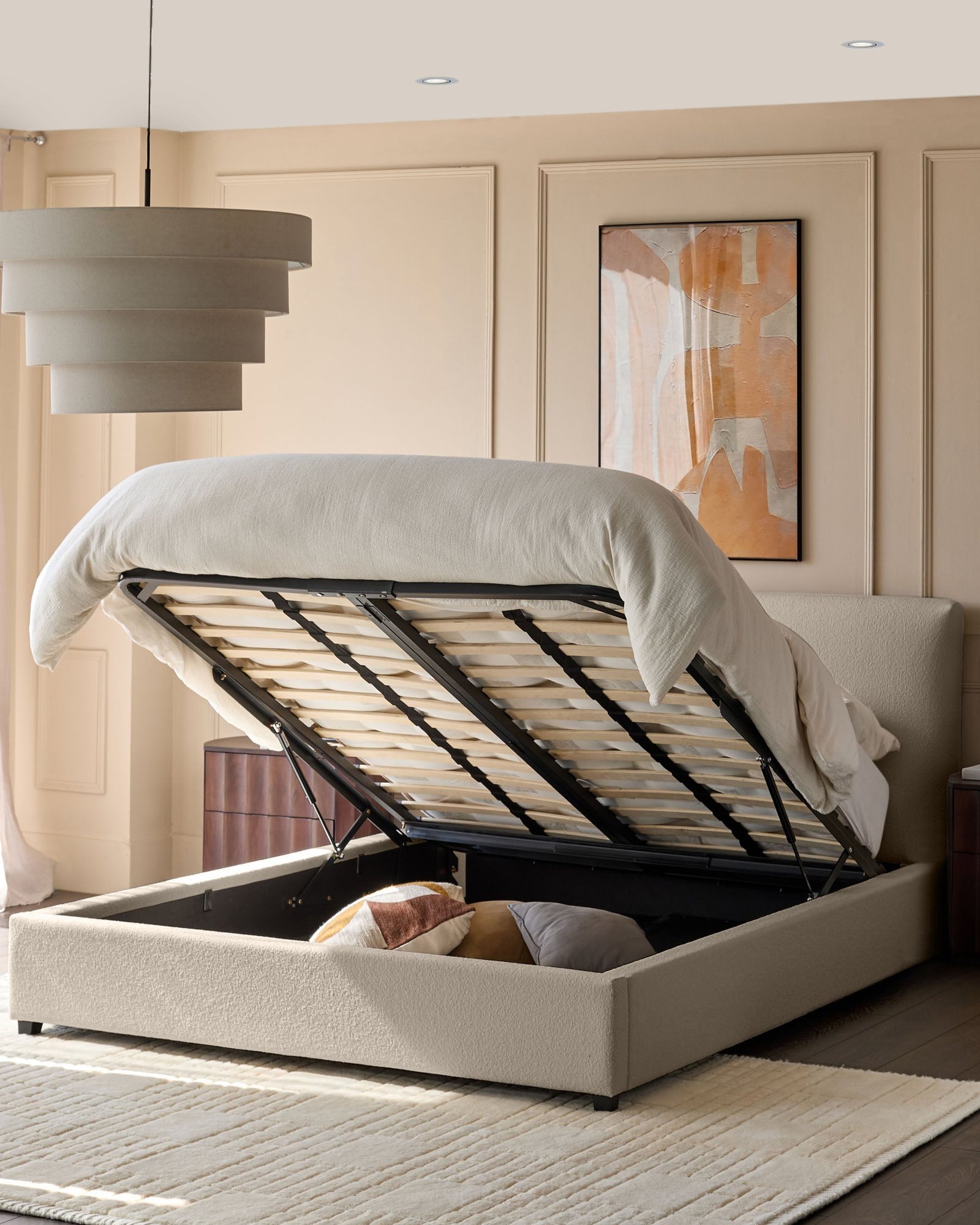 Leona natural boucle super Dusk king ottoman storage bed Side