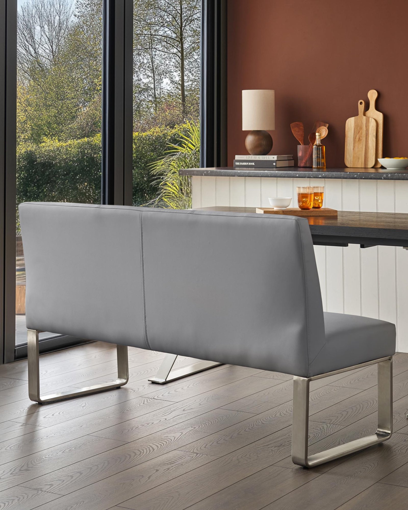 Loop 3 Seater Grey Faux Leather Dusk & Stainless Steel Dining Bench With Backrest Back