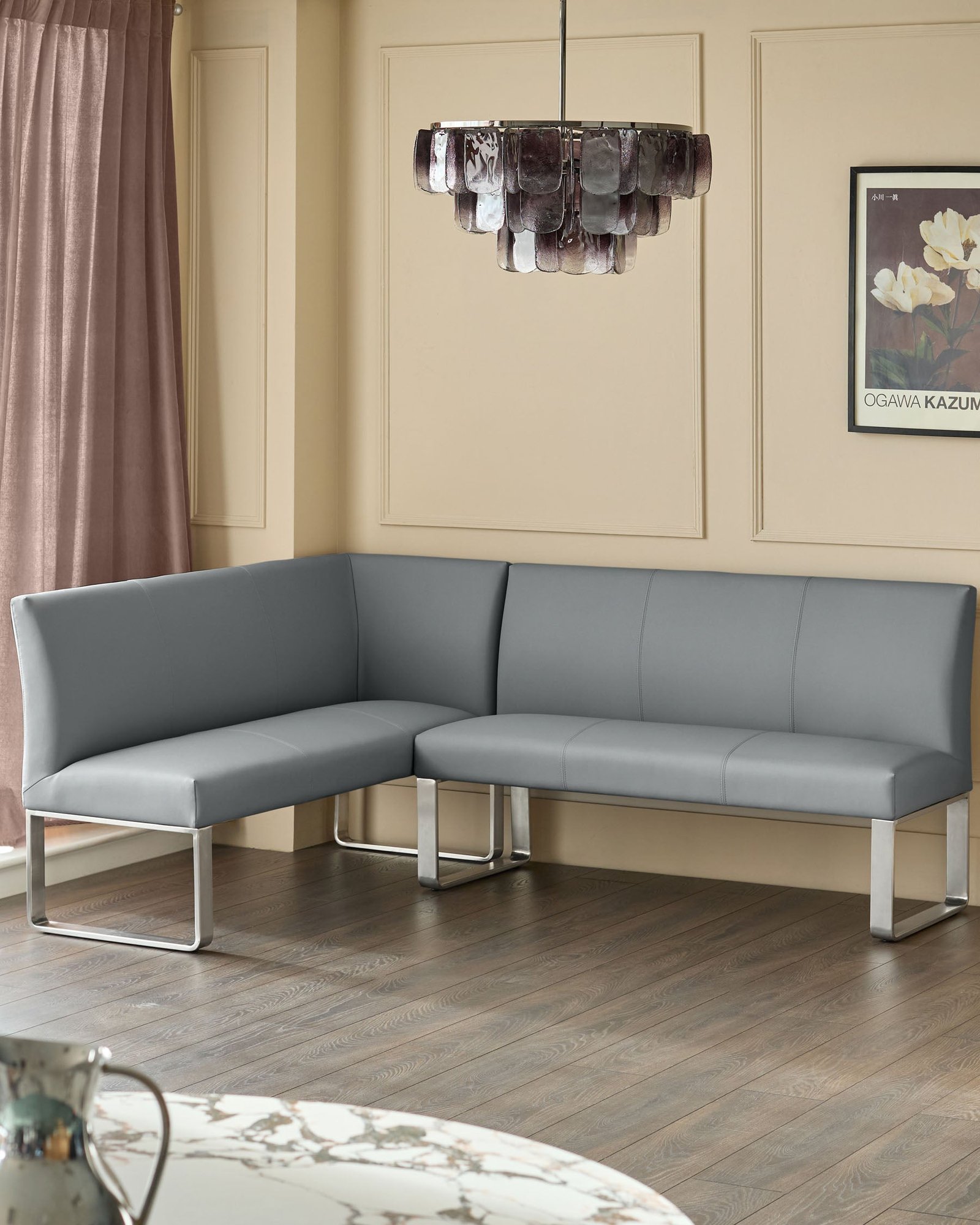 Loop 5 Seater Grey Faux Leather & Dusk England Stainless Steel Left Hand Corner Dining Bench Back