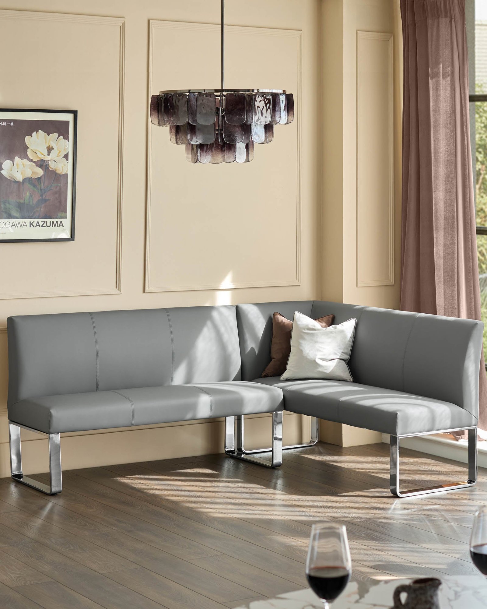 Loop mid grey faux leather left hand Dusk Scotland corner 5 seater chrome leg dining bench Back