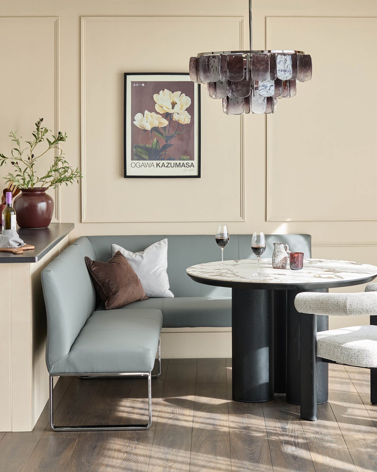 Loop mid grey faux leather left hand Dusk Scotland corner 5 seater chrome leg dining bench Front
