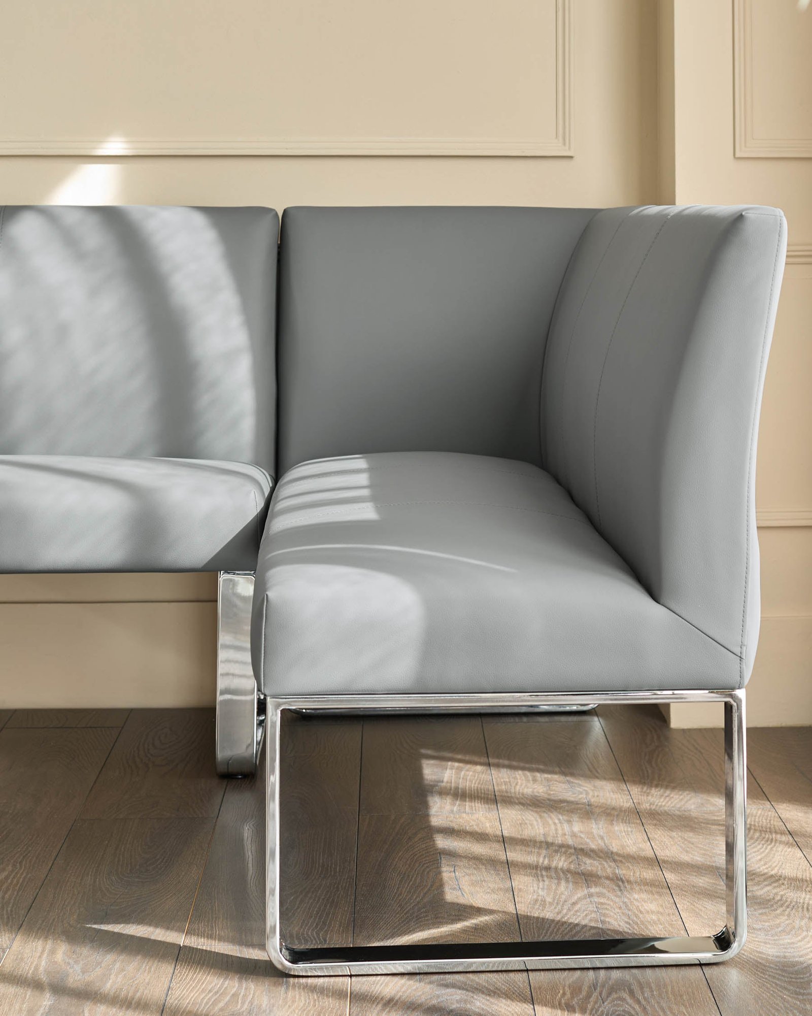 Loop mid grey faux leather left hand Dusk Scotland corner 5 seater chrome leg dining bench Side