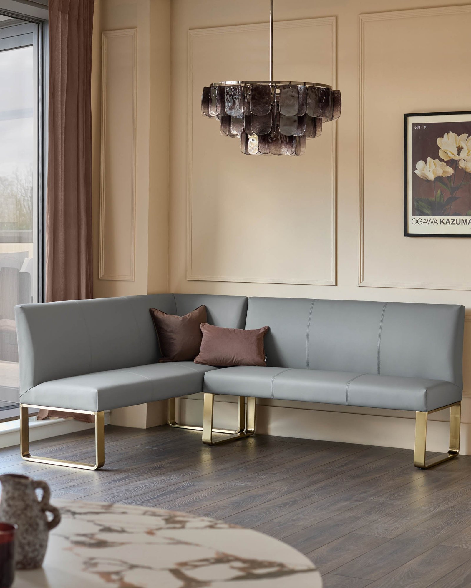 Loop mid grey faux leather right hand Dusk England corner 5 seater brushed brass leg dining bench Back