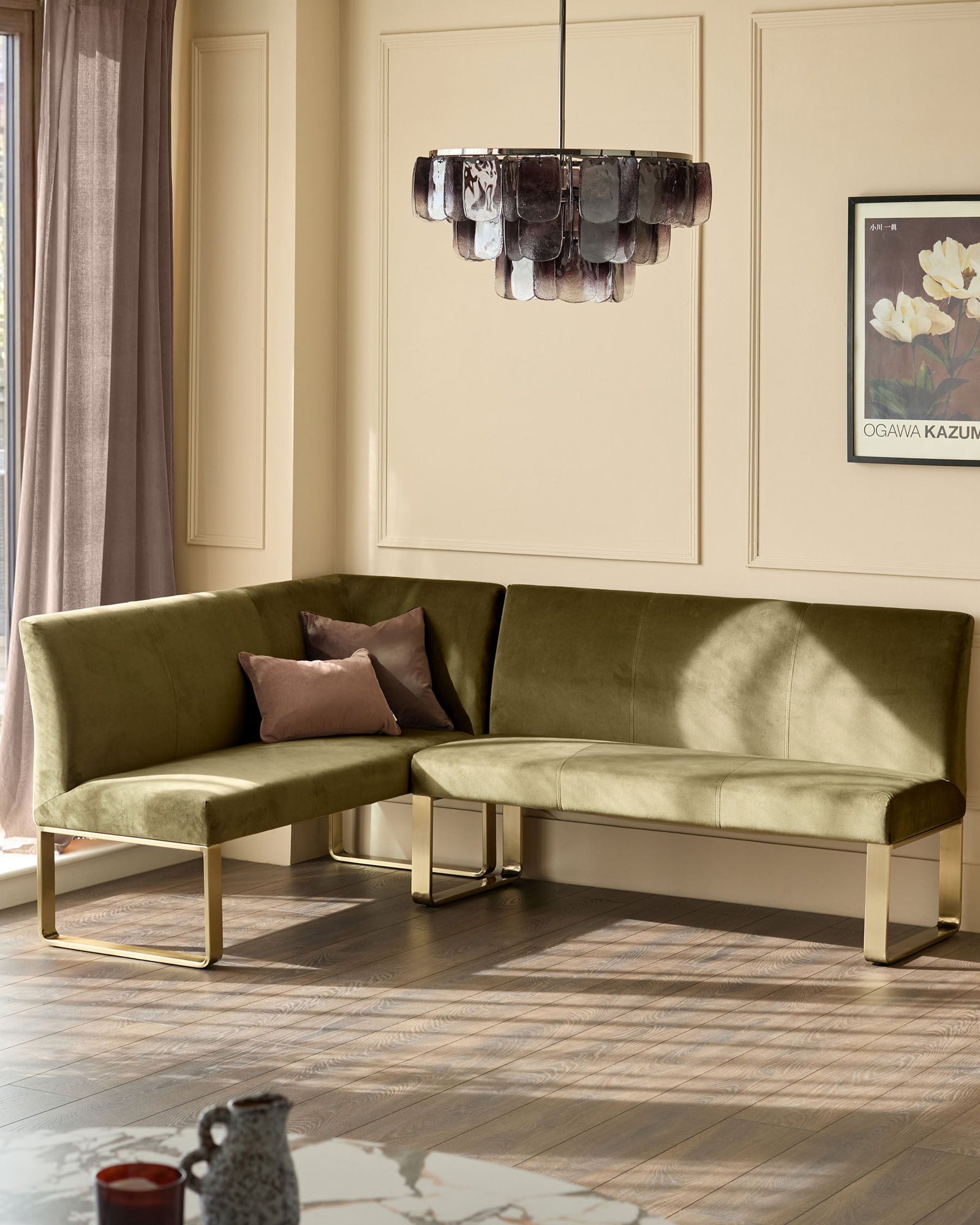 Loop olive green velvet brushed brass Dusk Scotland right hand corner 5 seater dining bench Back