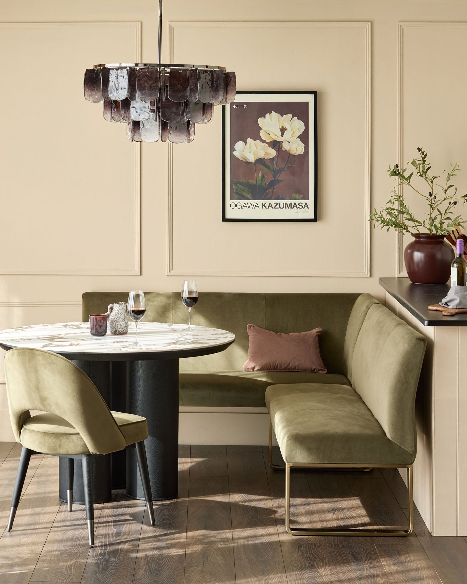 Loop olive green velvet brushed brass Dusk Scotland right hand corner 5 seater dining bench Front