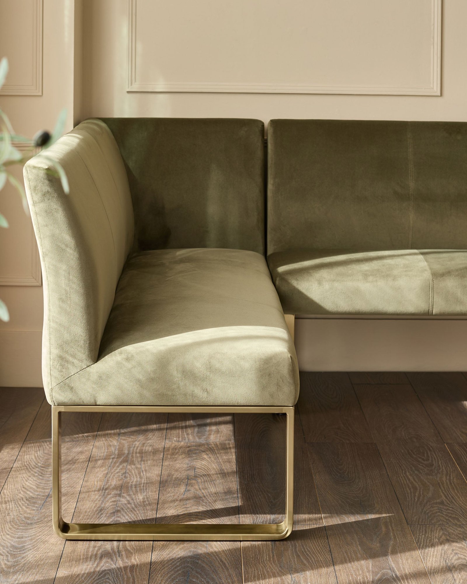 Loop olive green velvet brushed brass Dusk Scotland right hand corner 5 seater dining bench Side