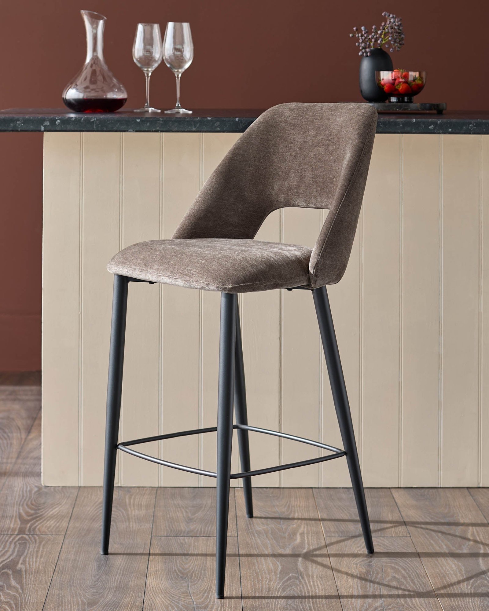 Lottie mocha fabric bar stool – Dusk Front