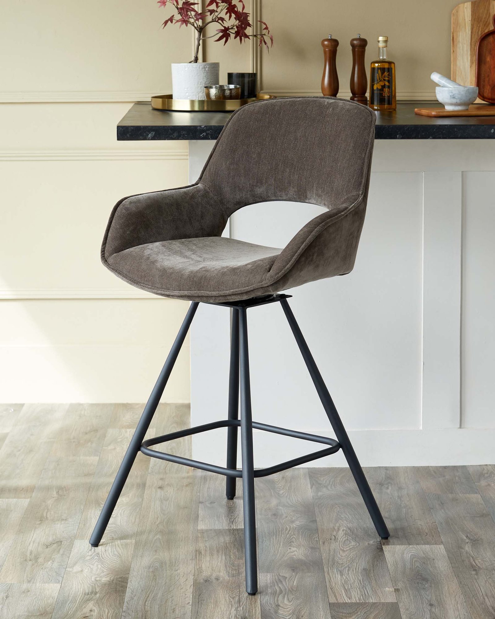 Marlow mocha fabric swivel bar stool – Dusk Front
