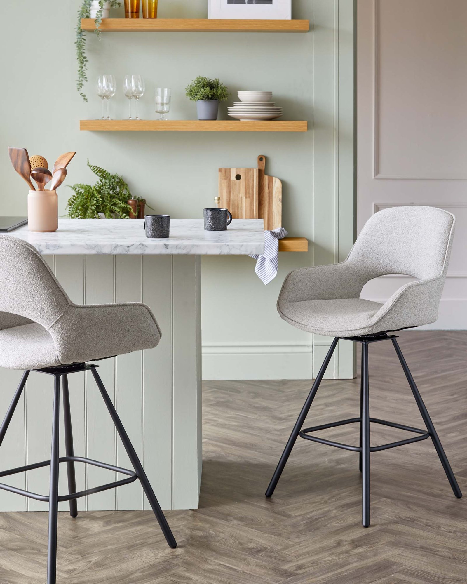Marlow Swivel Black Metal Dusk England Bar Stool Light Grey Boucle Back