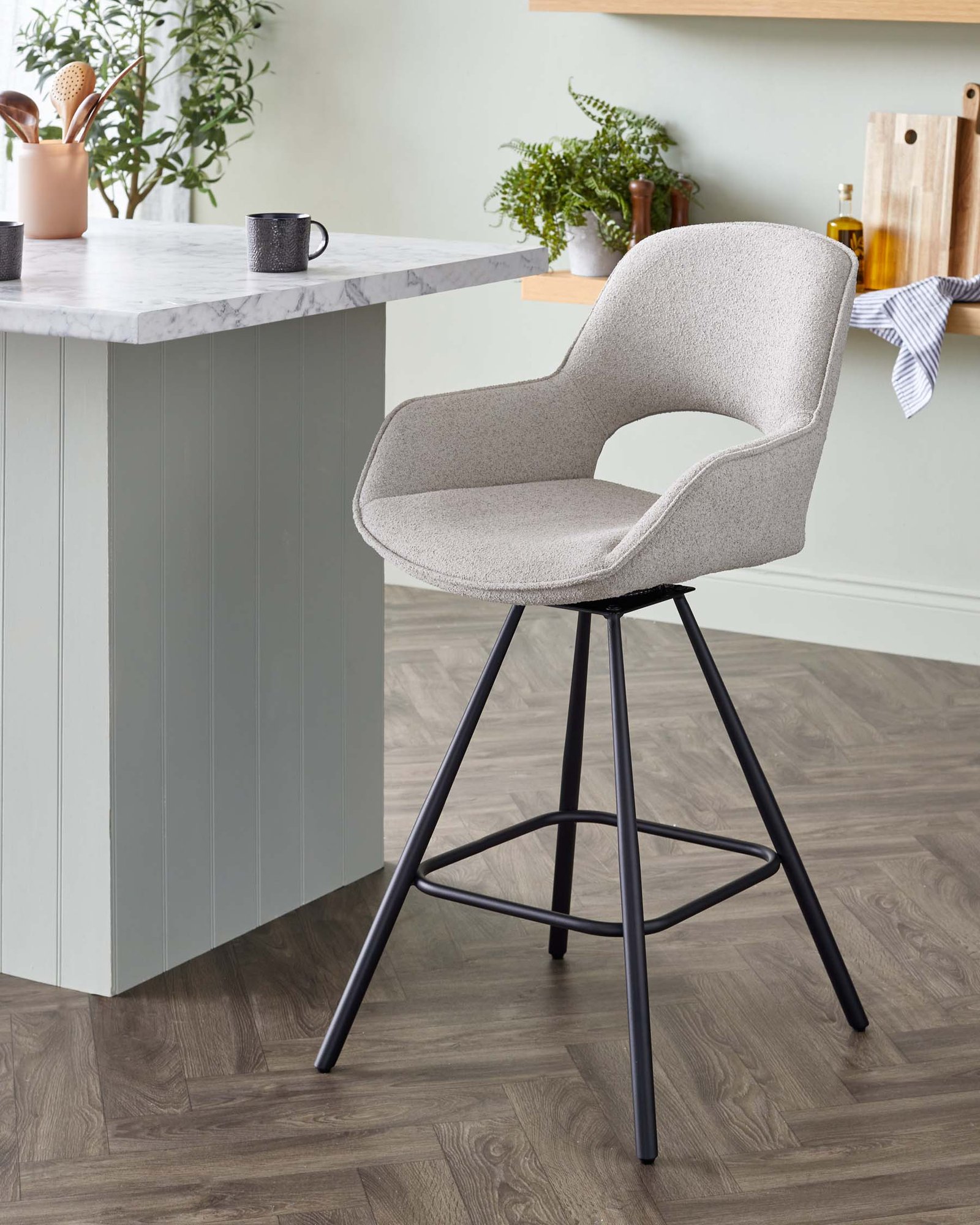 Marlow Swivel Black Metal Dusk England Bar Stool Light Grey Boucle Front