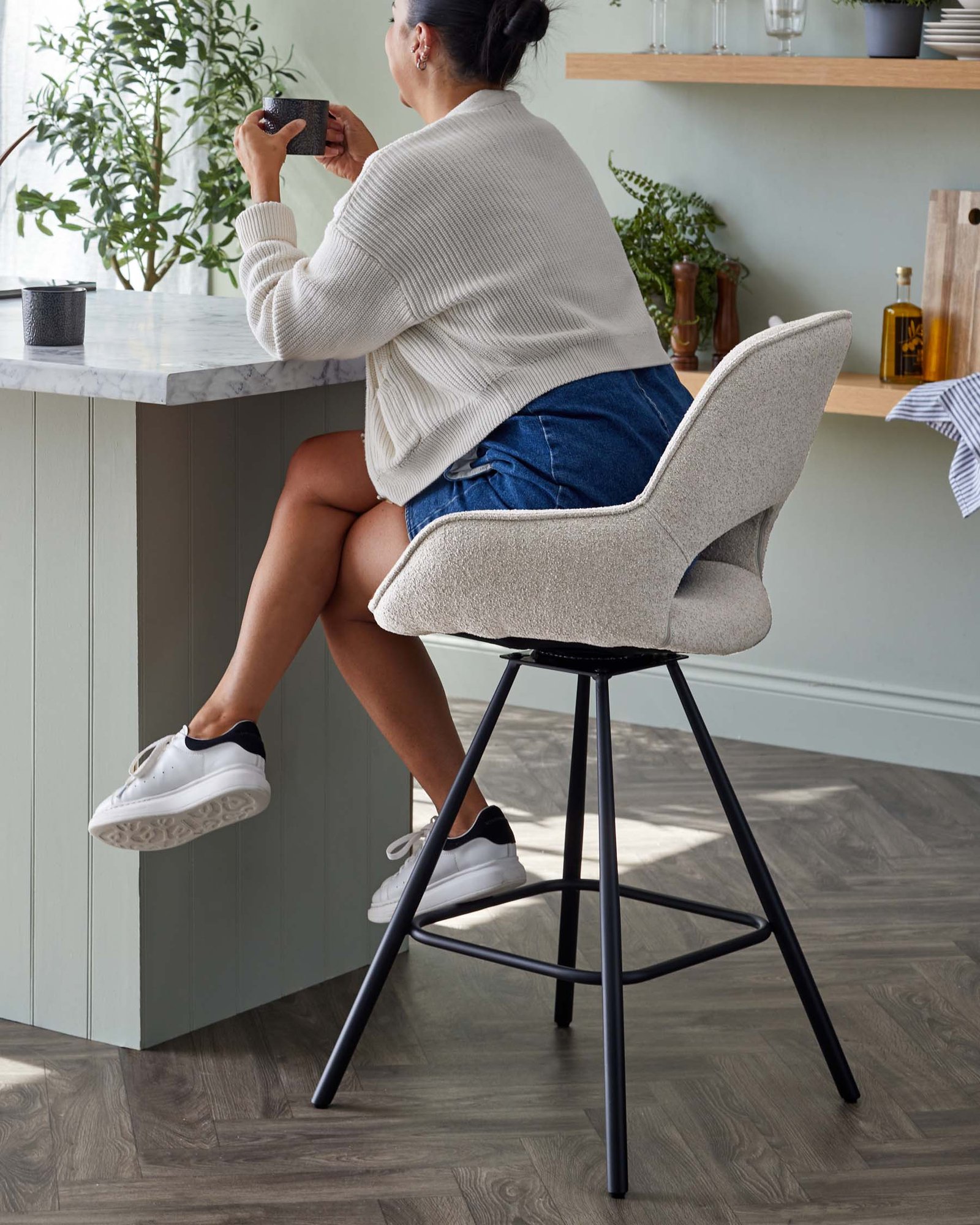 Marlow Swivel Black Metal Dusk England Bar Stool Light Grey Boucle Side