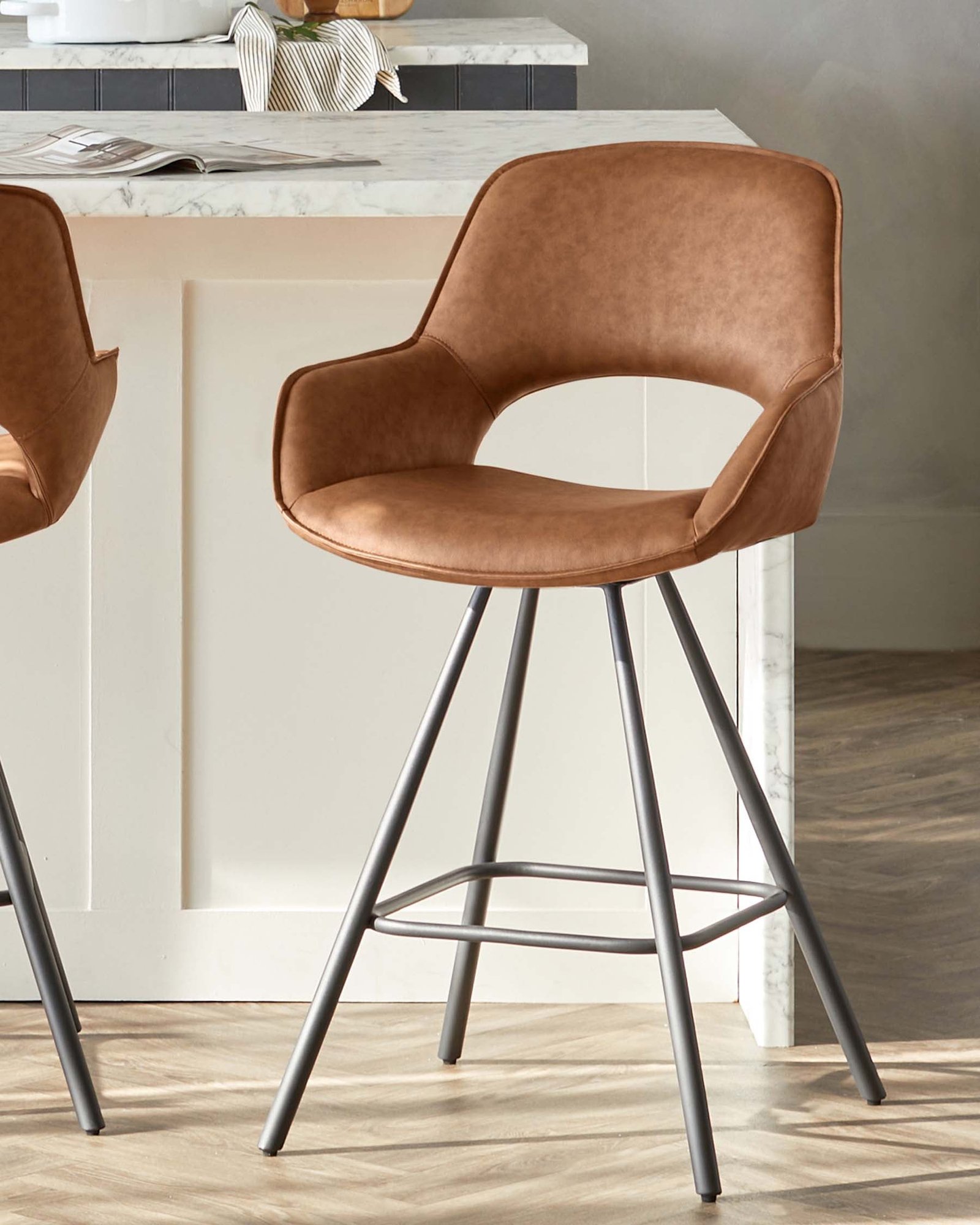 Marlow Tan Faux Leather And Dusk Black Metal Swivel Bar Stool Front