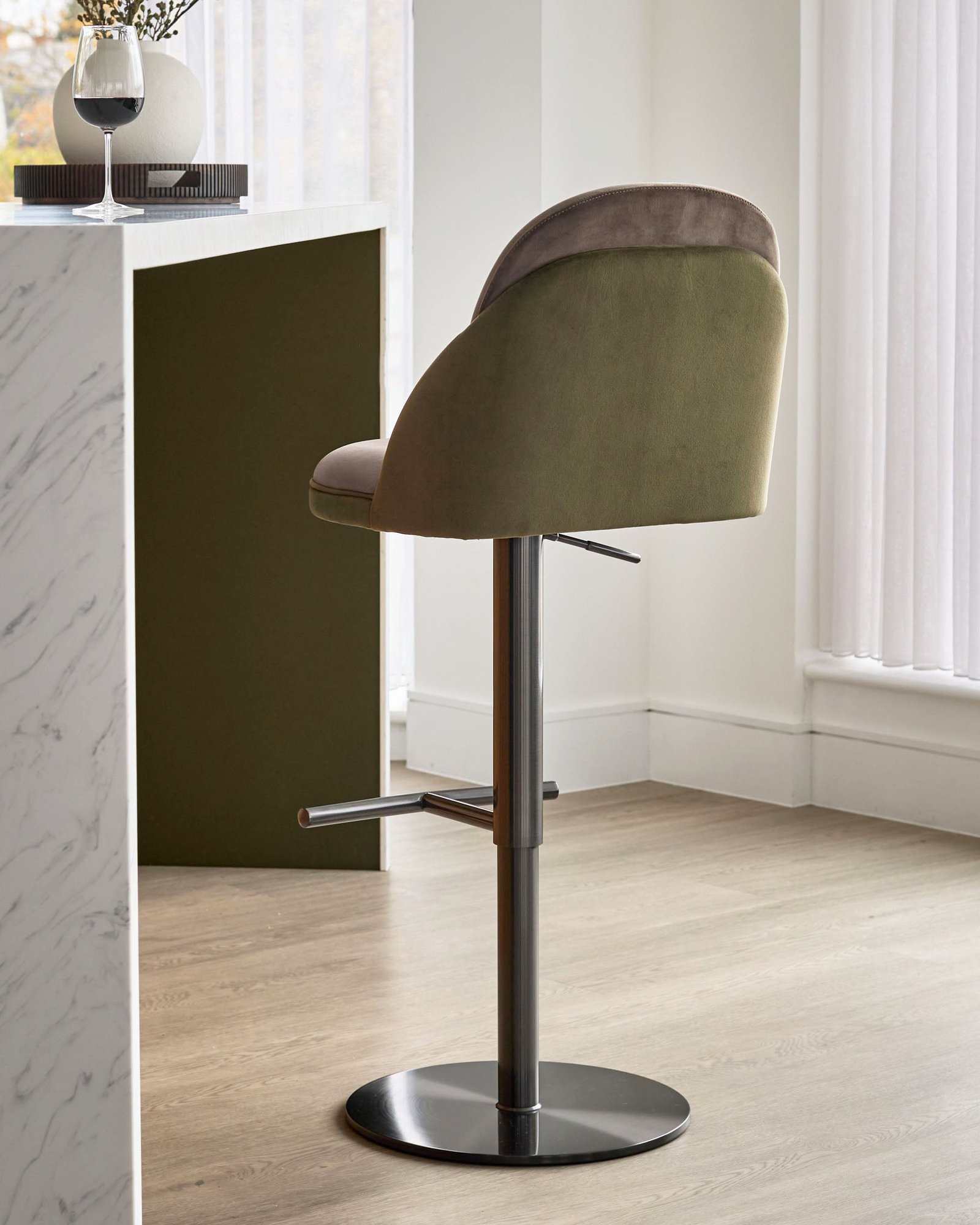 Myra olive green velvet and Dusk England mocha velvet gas lift bar stool Back