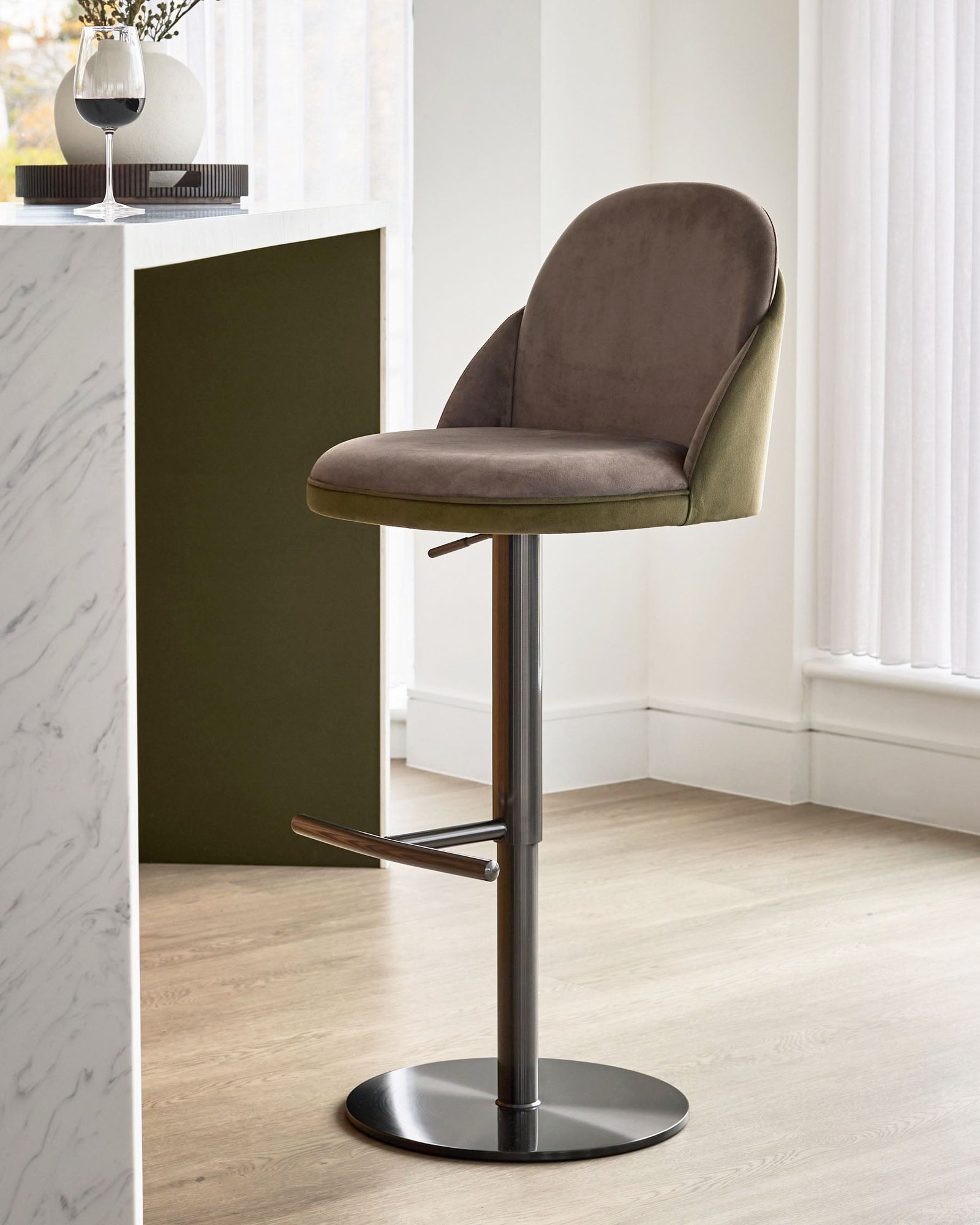 Myra olive green velvet and Dusk England mocha velvet gas lift bar stool Front