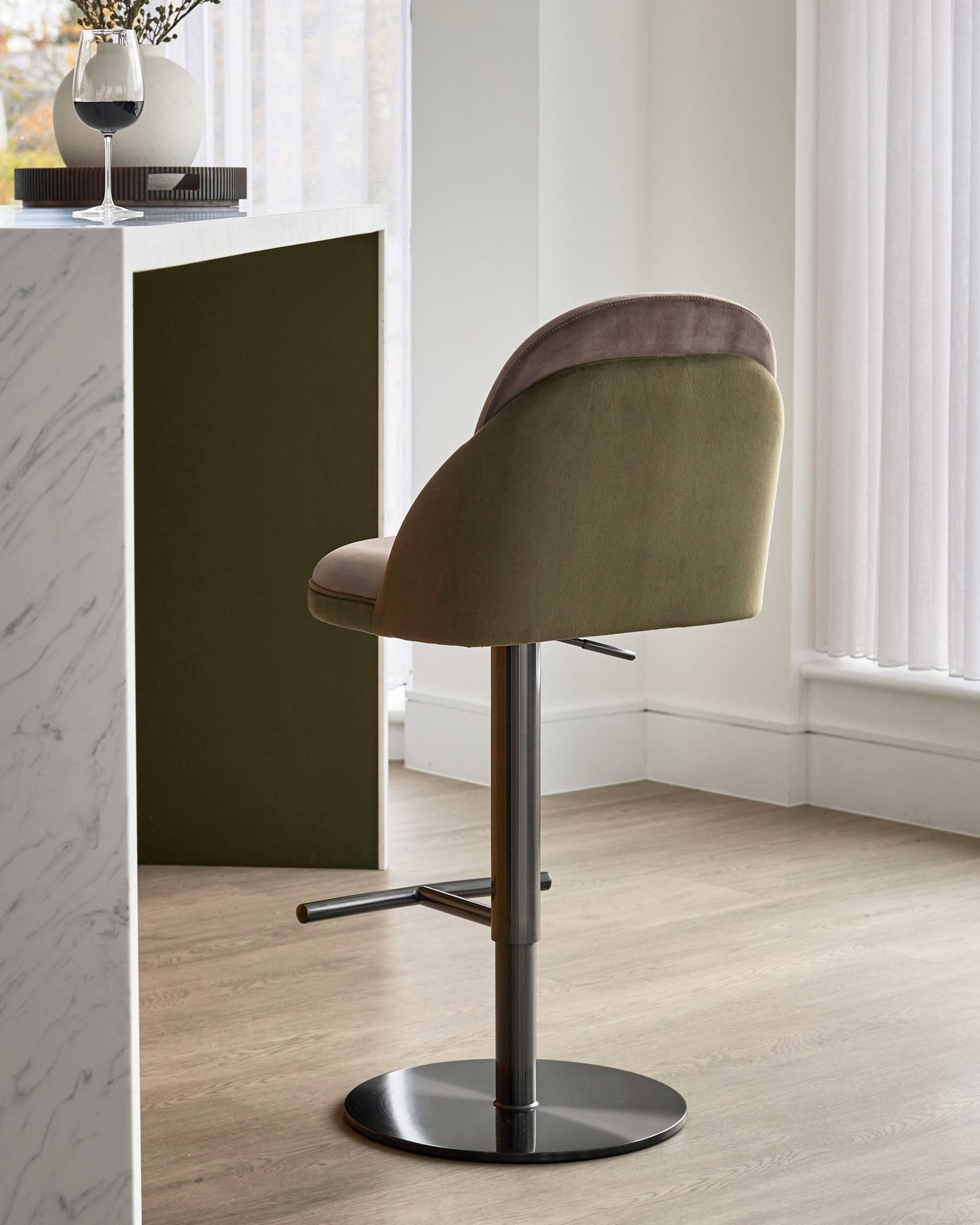 Myra olive green velvet and Dusk England mocha velvet gas lift bar stool Side