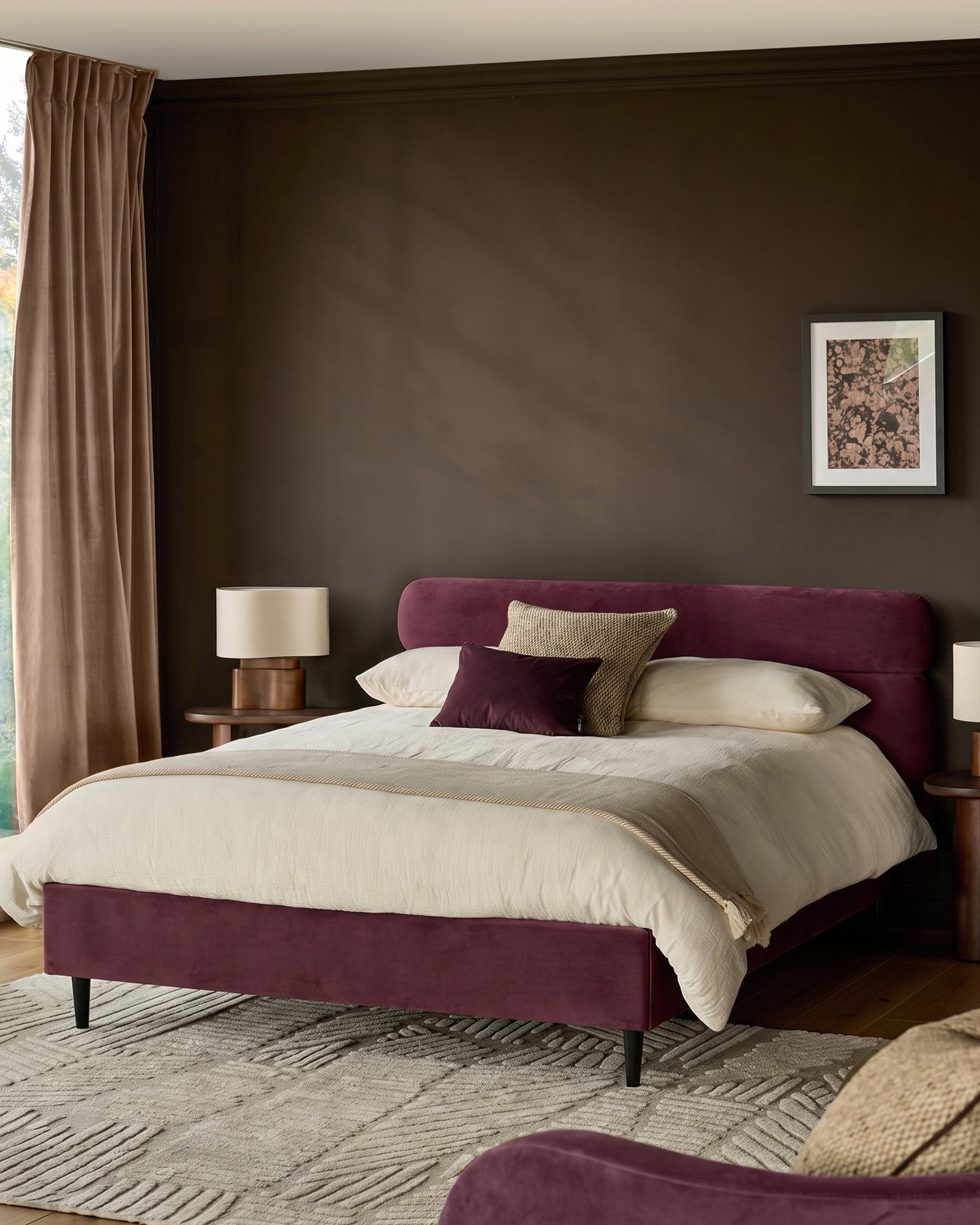 Preston plum velvet double bed – Dusk England Side