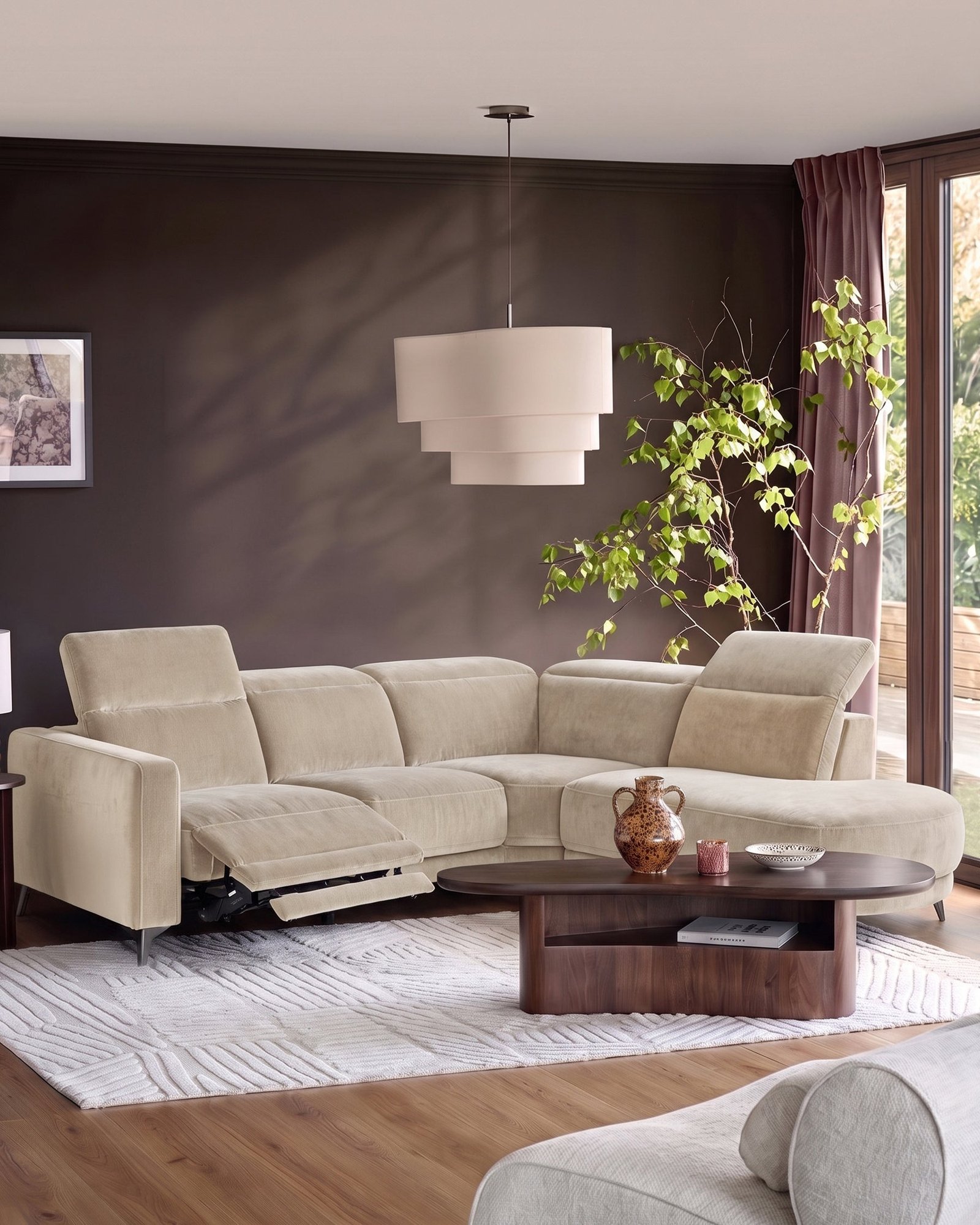 Rosa champagne chenille right Dusk hand corner chaise sofa Back