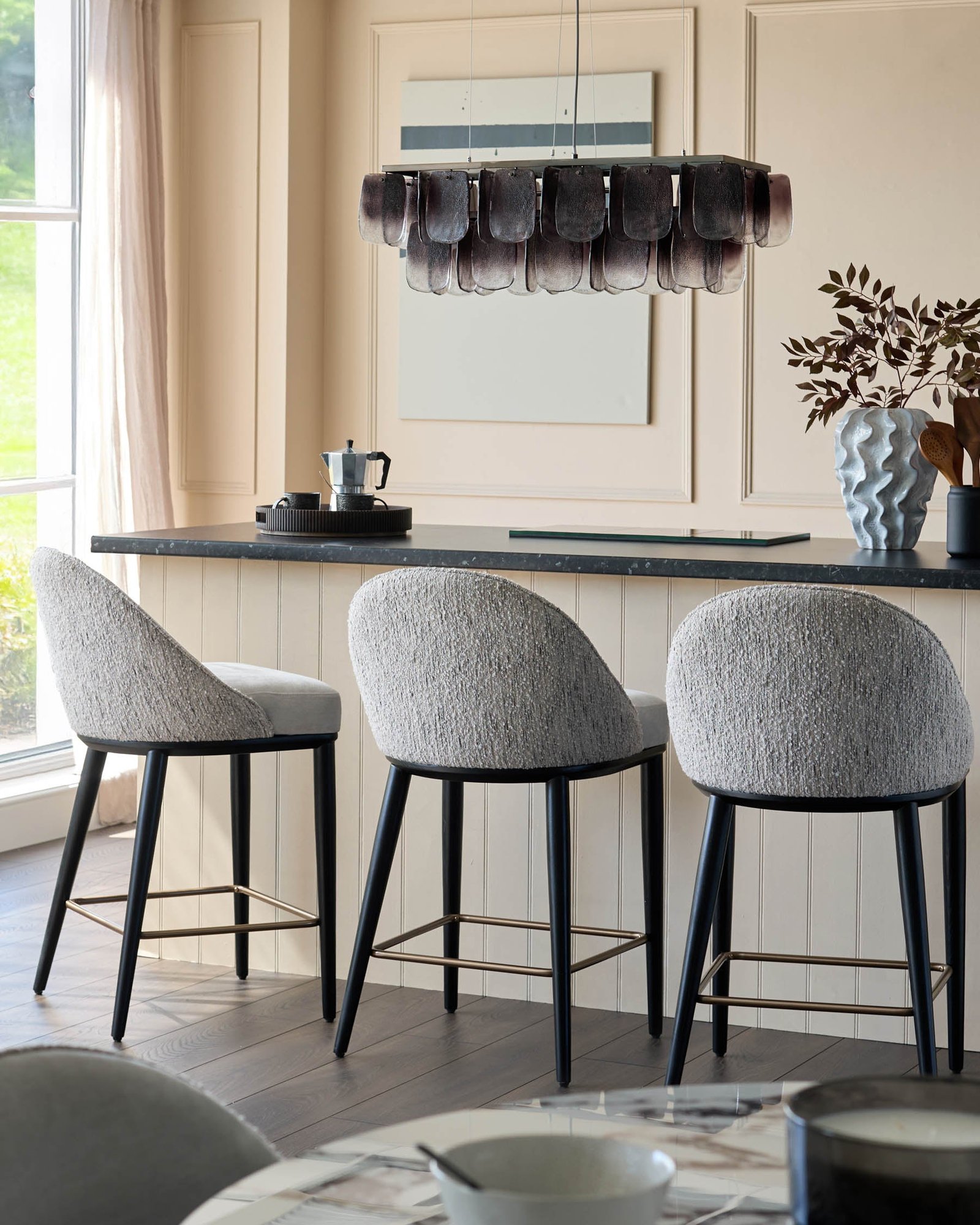 Scarlett cream boucle and natural grey chenille bar stool – Dusk Scotland Back