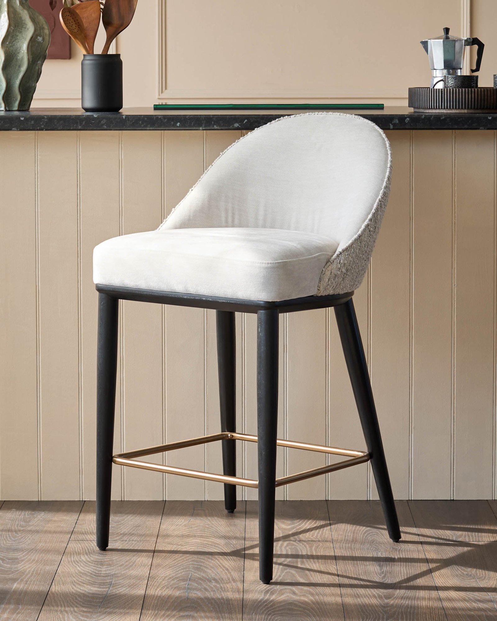 Scarlett cream boucle and natural grey chenille bar stool – Dusk Scotland Front