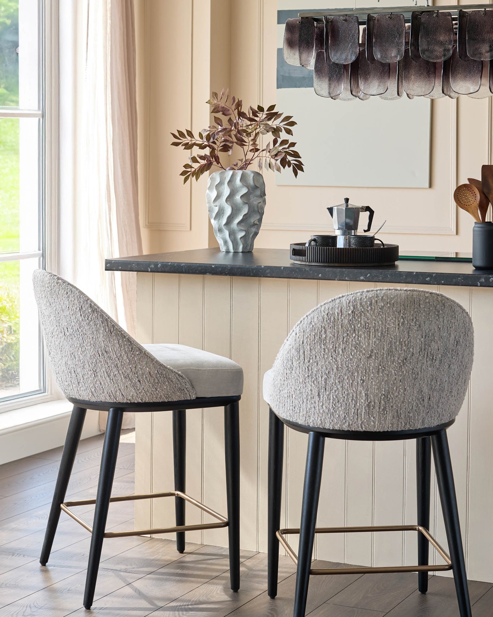 Scarlett cream boucle and natural grey chenille bar stool – Dusk Scotland Side