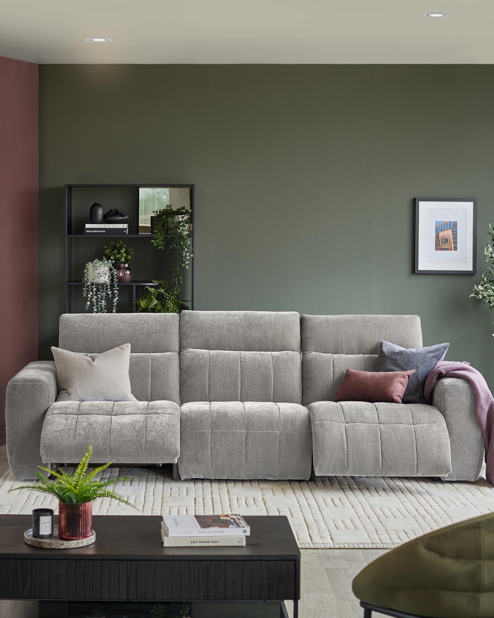 Skye light grey fabric Dusk 3 seater recliner sofa Side