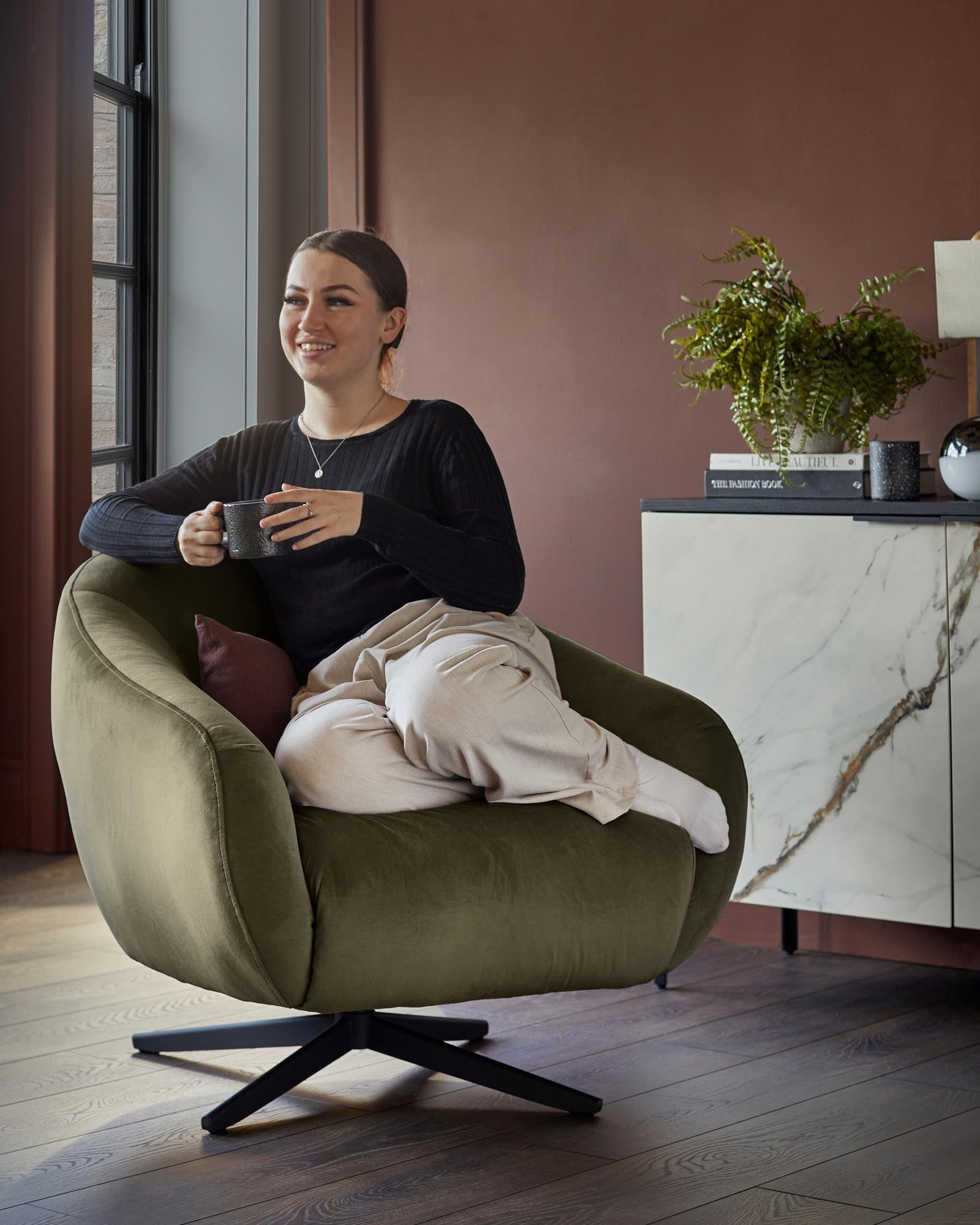 Soren olive green velvet swivel accent chair – Dusk Back