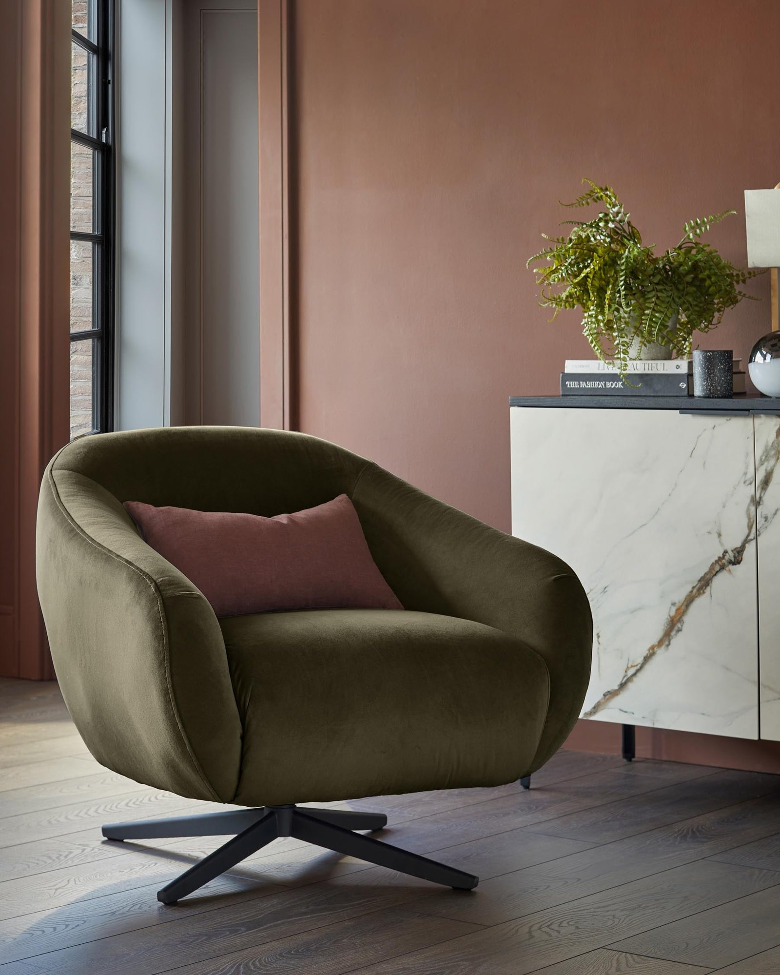 Soren olive green velvet swivel accent chair – Dusk Side