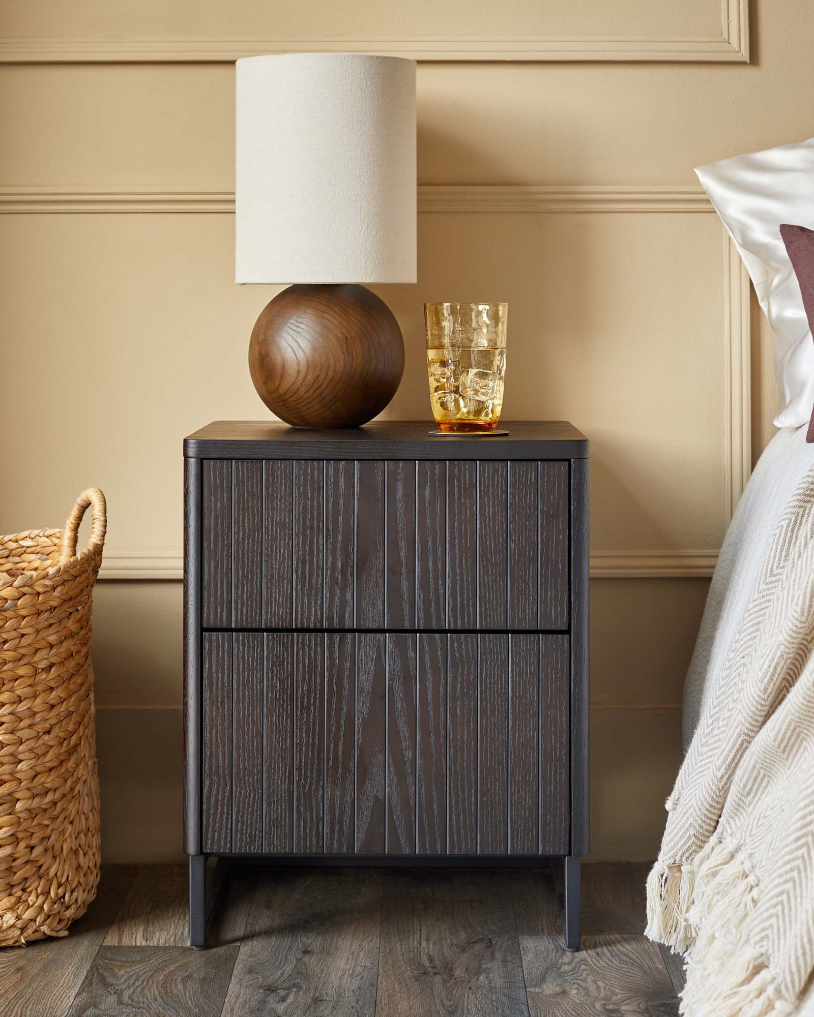 Toronto dark ash 2 drawer bedside table – Dusk Front