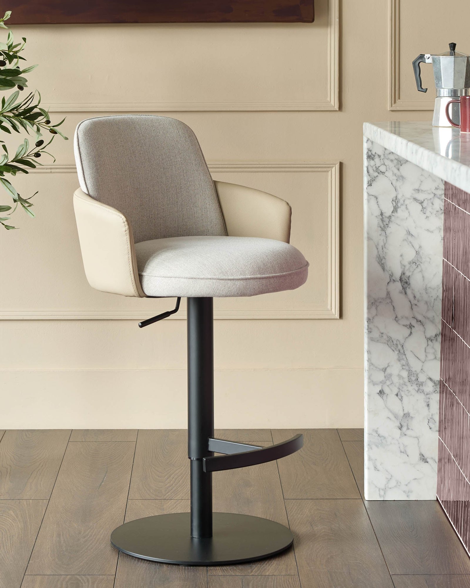 Wren natural fabric and natural faux leather gas lift bar stool – Dusk Scotland Back