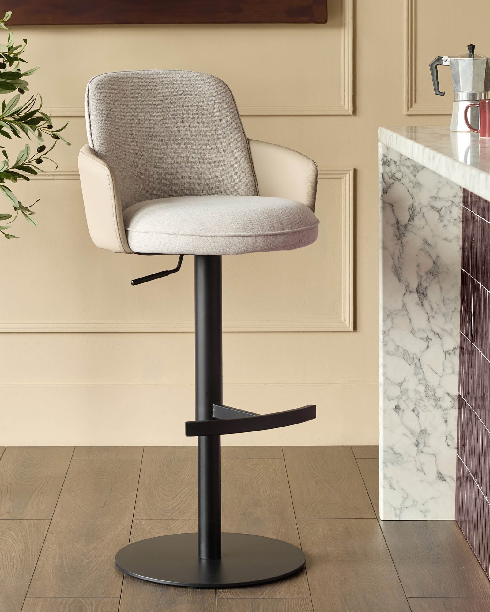 Wren natural fabric and natural faux leather gas lift bar stool – Dusk Scotland Front