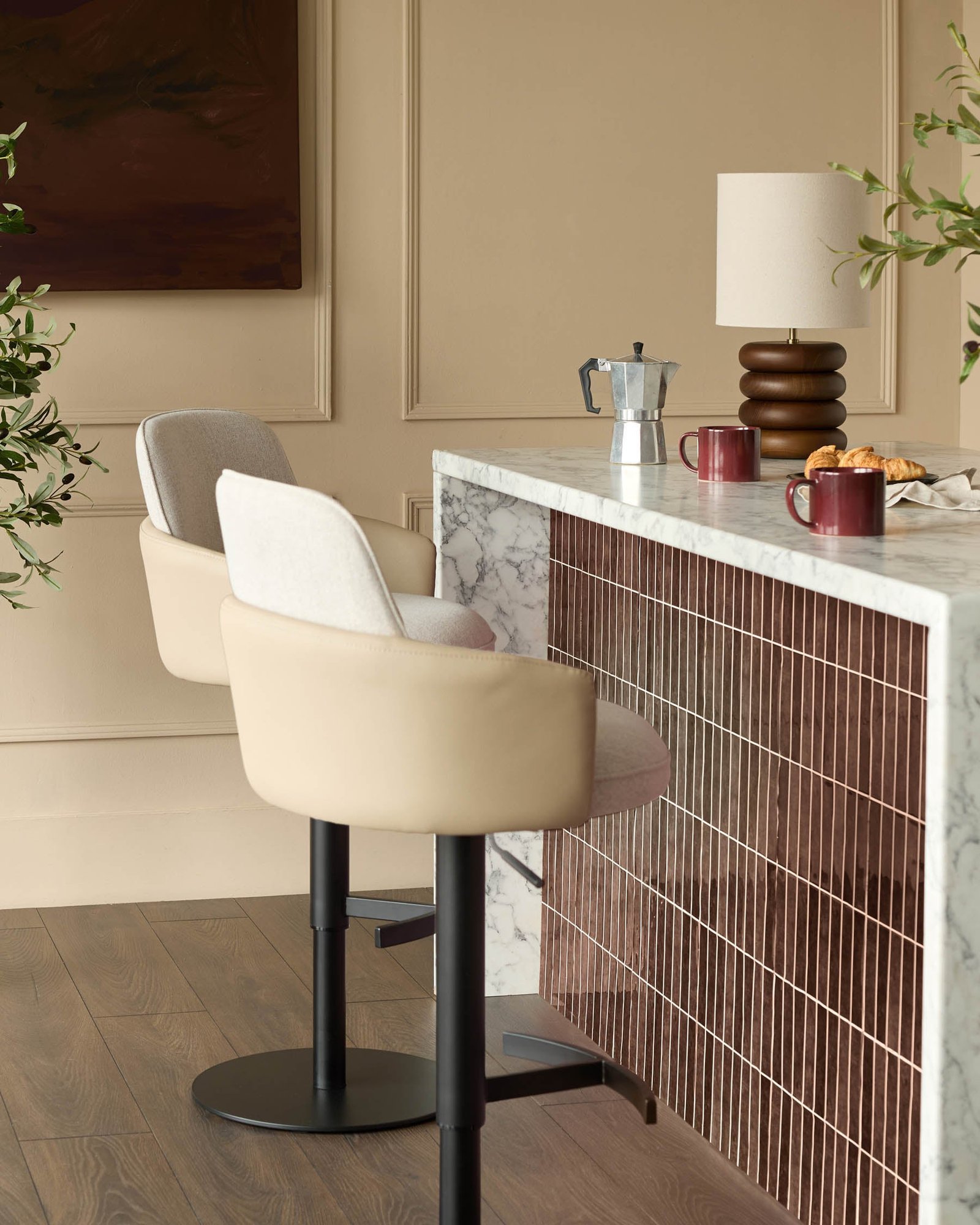 Wren natural fabric and natural faux leather gas lift bar stool – Dusk Scotland Side