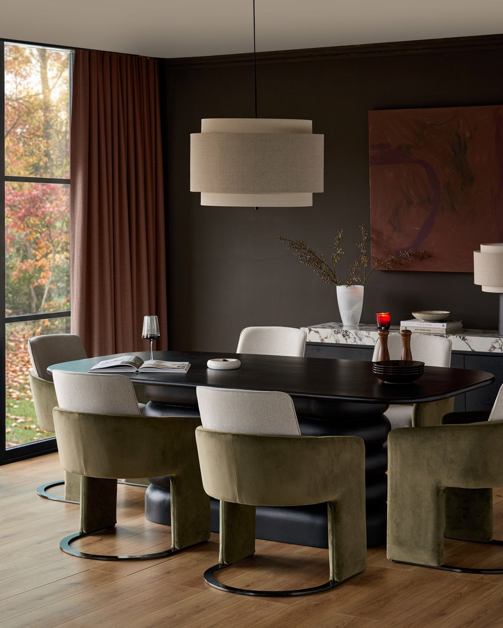 Wren natural fabric and olive green Dusk England velvet black steel cantilever dining chair Back