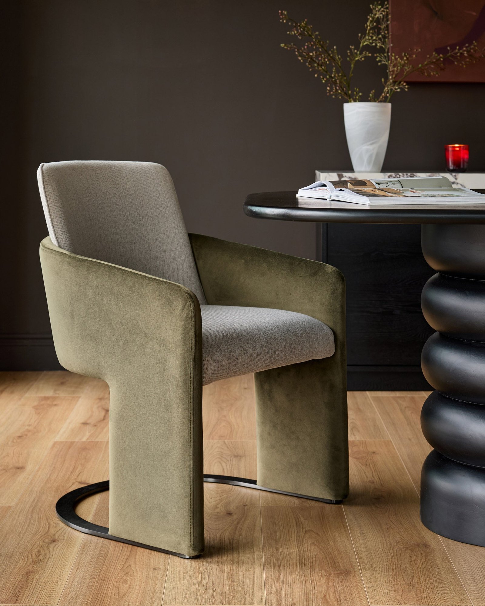 Wren natural fabric and olive green Dusk England velvet black steel cantilever dining chair Front