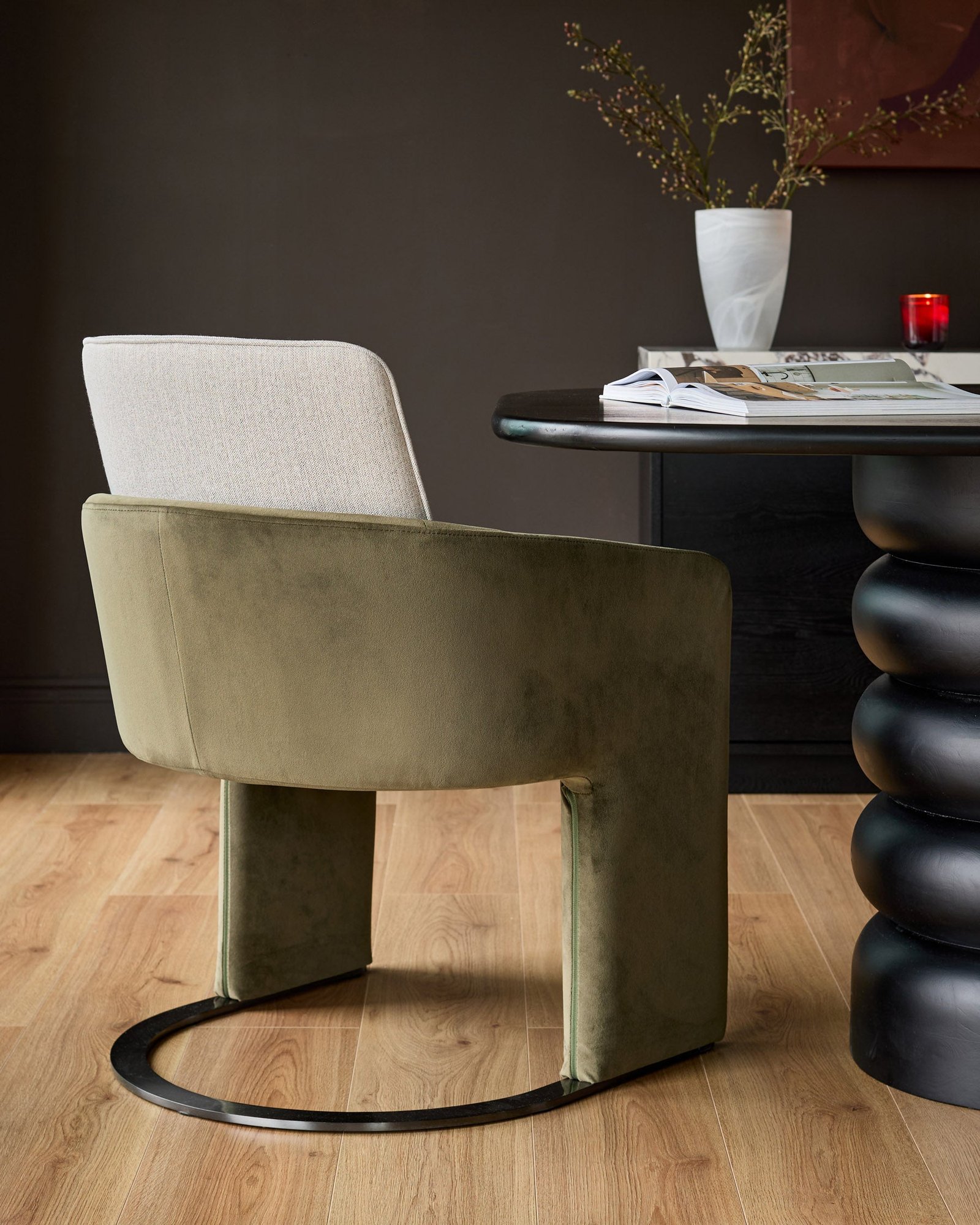 Wren natural fabric and olive green Dusk England velvet black steel cantilever dining chair Side