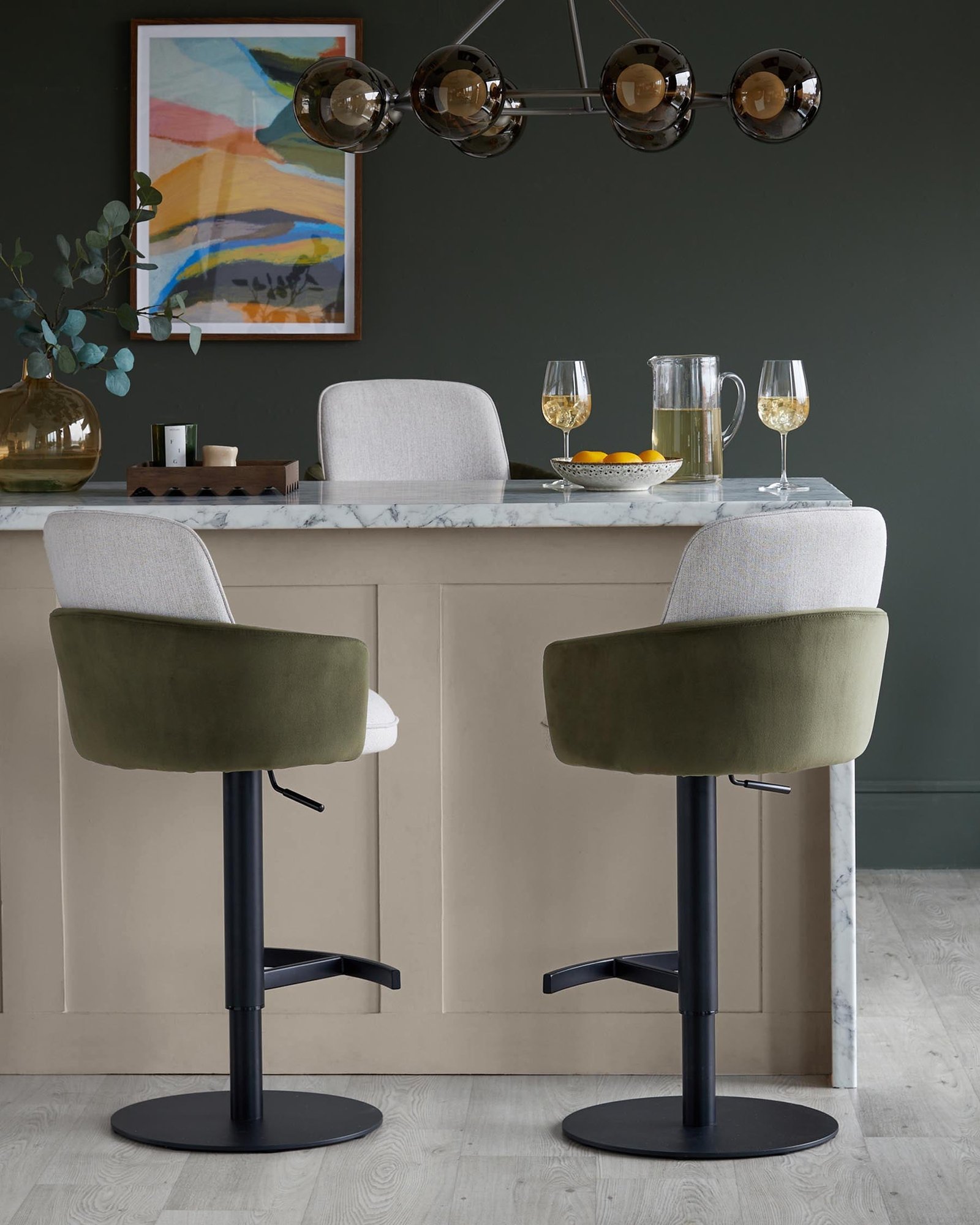Wren natural fabric and olive green velvet gas lift bar stool – Dusk England Back