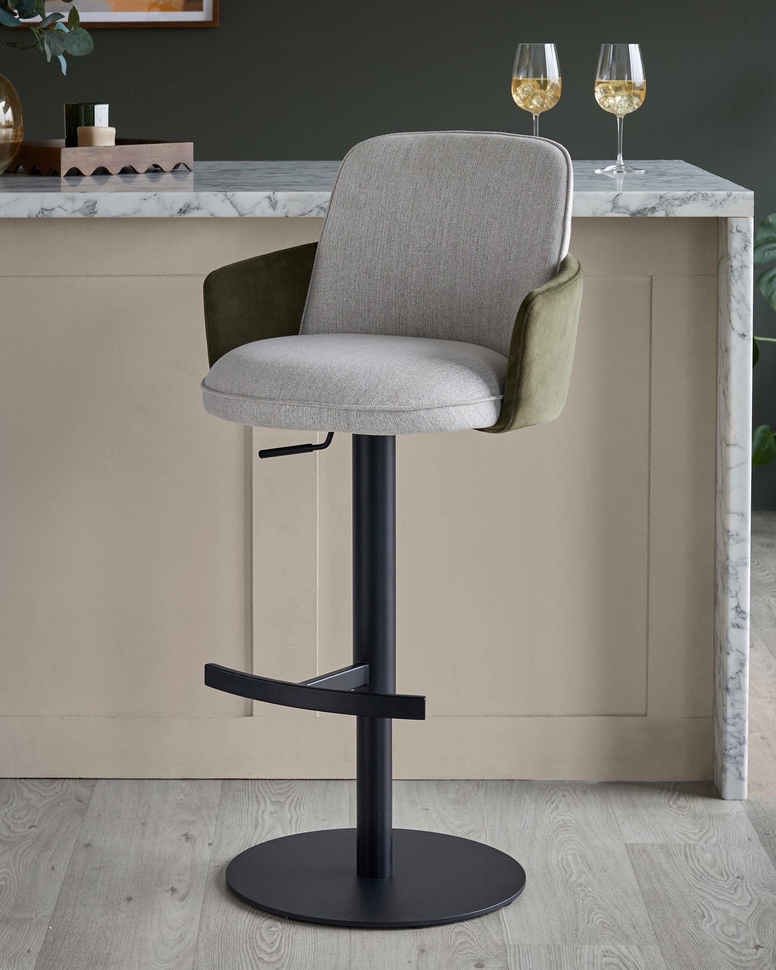 Wren natural fabric and olive green velvet gas lift bar stool – Dusk England Front