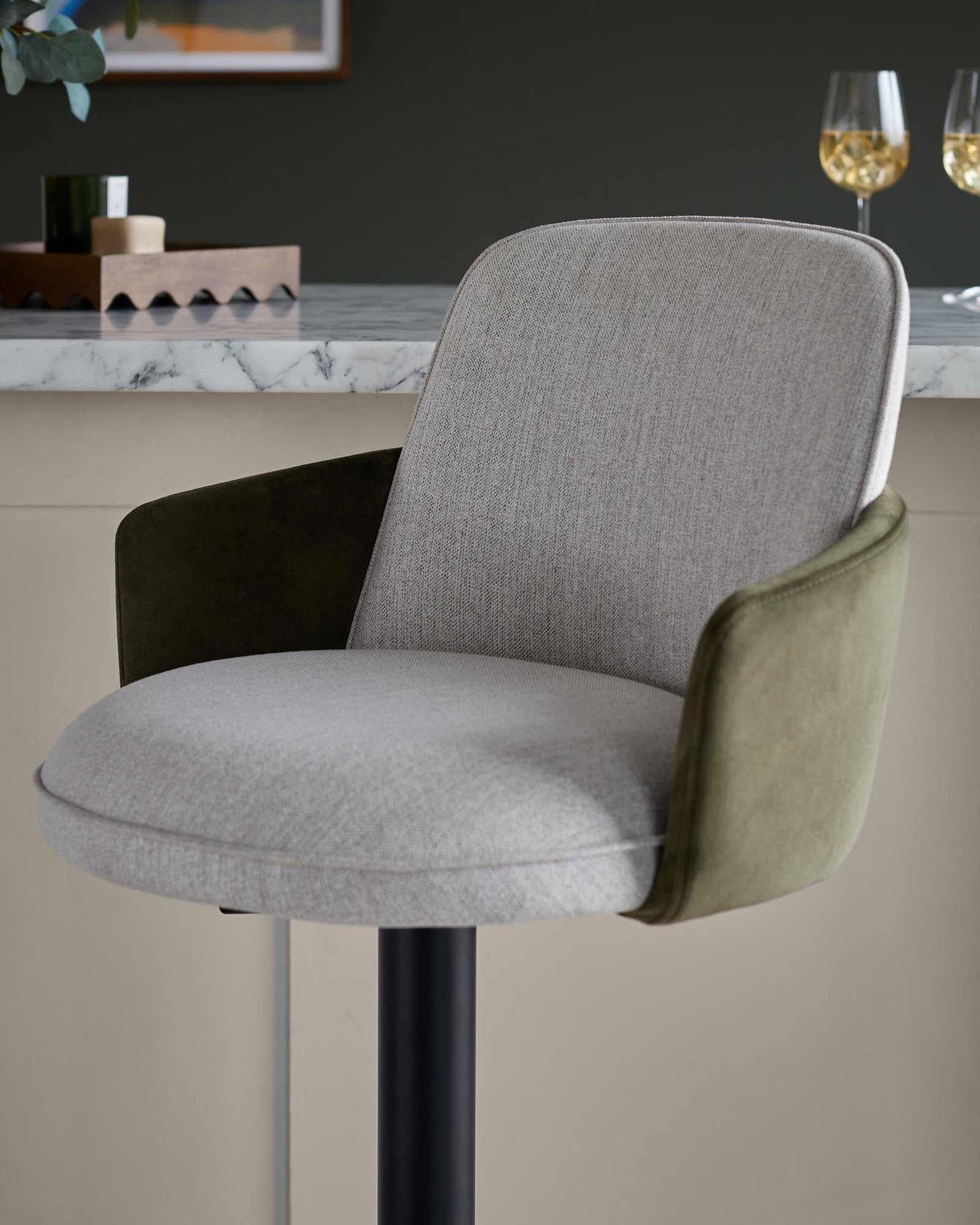 Wren natural fabric and olive green velvet gas lift bar stool – Dusk England Side